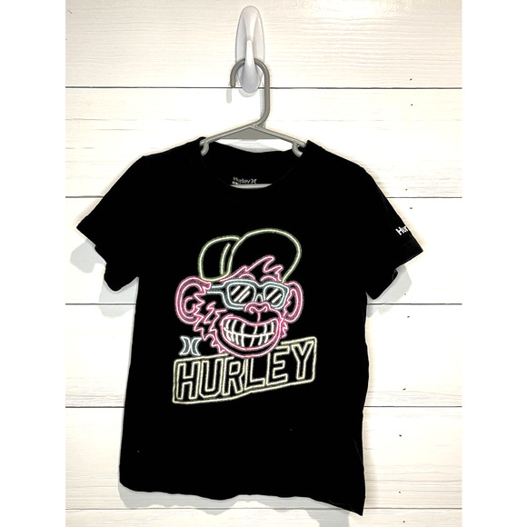 Rad HURLEY Black T-Shirt with Neon Monkey Face Sign, Boys M (6) - Picture 1 of 3